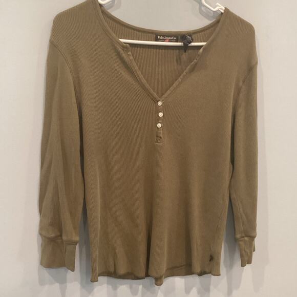 Polo Ralph Lauren Womens Thermal Henley L Large Y2K 90s Green Khaki Outdoor Boho - Picture 1 of 7